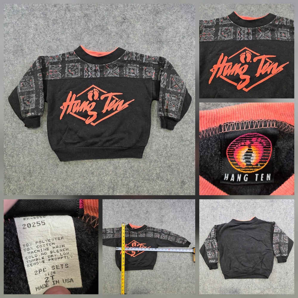 Vintage Hang Ten Sweatshirt Toddler 2T Black Fleece Logo Crewneck Made USA